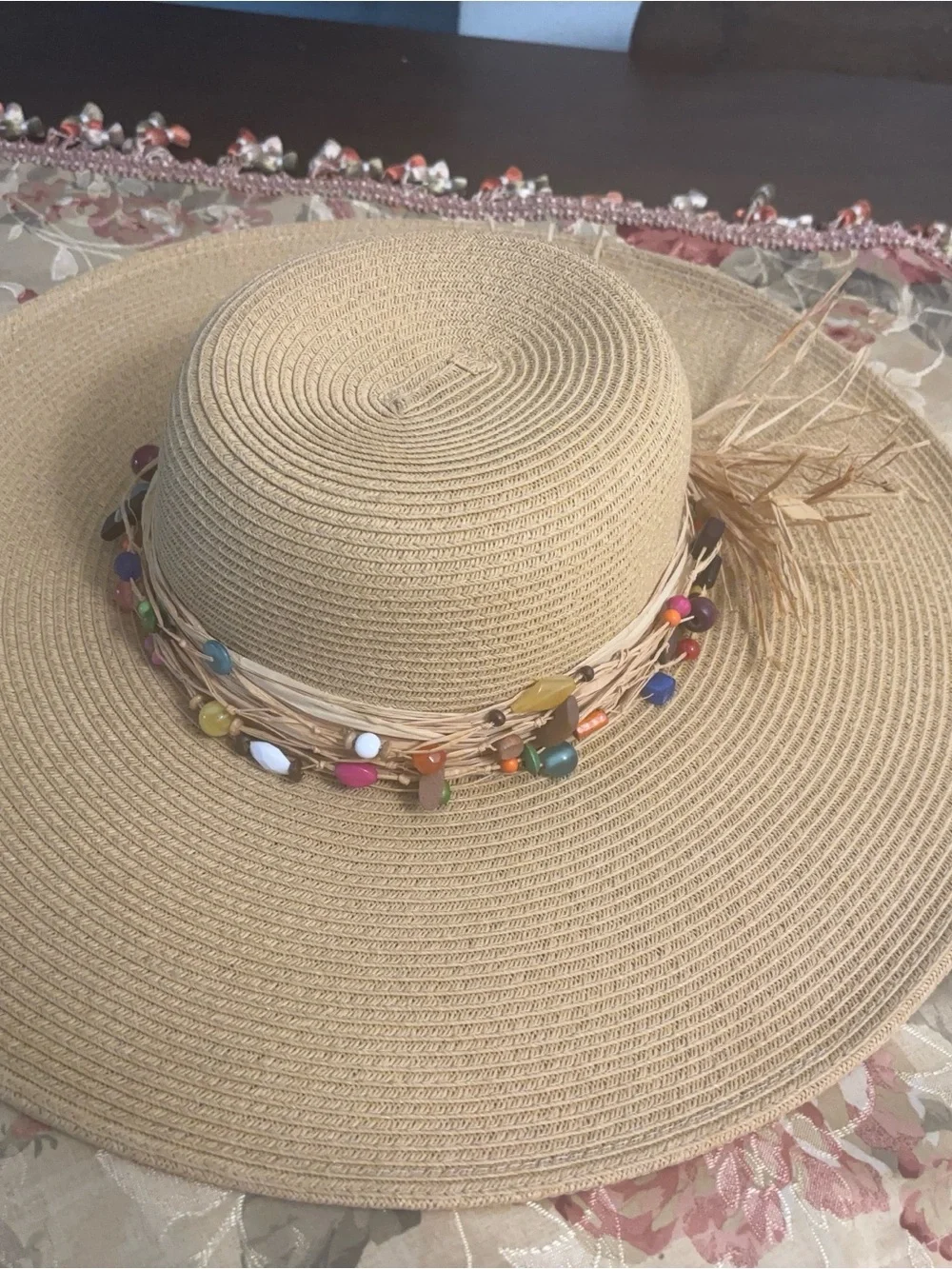 Beaded Raffia Wide-Brim Sun Hat in Tan